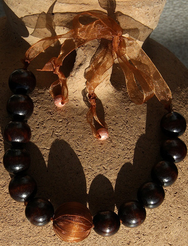 Shimmering BIG Wooden and Copper Ball Necklace