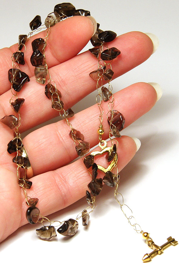 Gold Wire Crochet Necklace with Smoky Quartz Nuggets