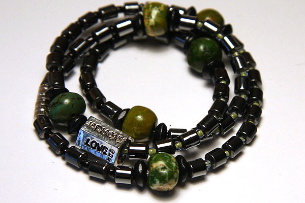 Unisex LOVE Necklace with Green Howlite and Metallic Hematite 