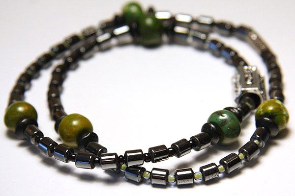 Unisex LOVE Necklace with Green Howlite and Metallic Hematite 