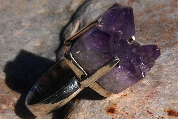 Huge Rough Amethyst Crystal Cluster Sterling Silver Ring